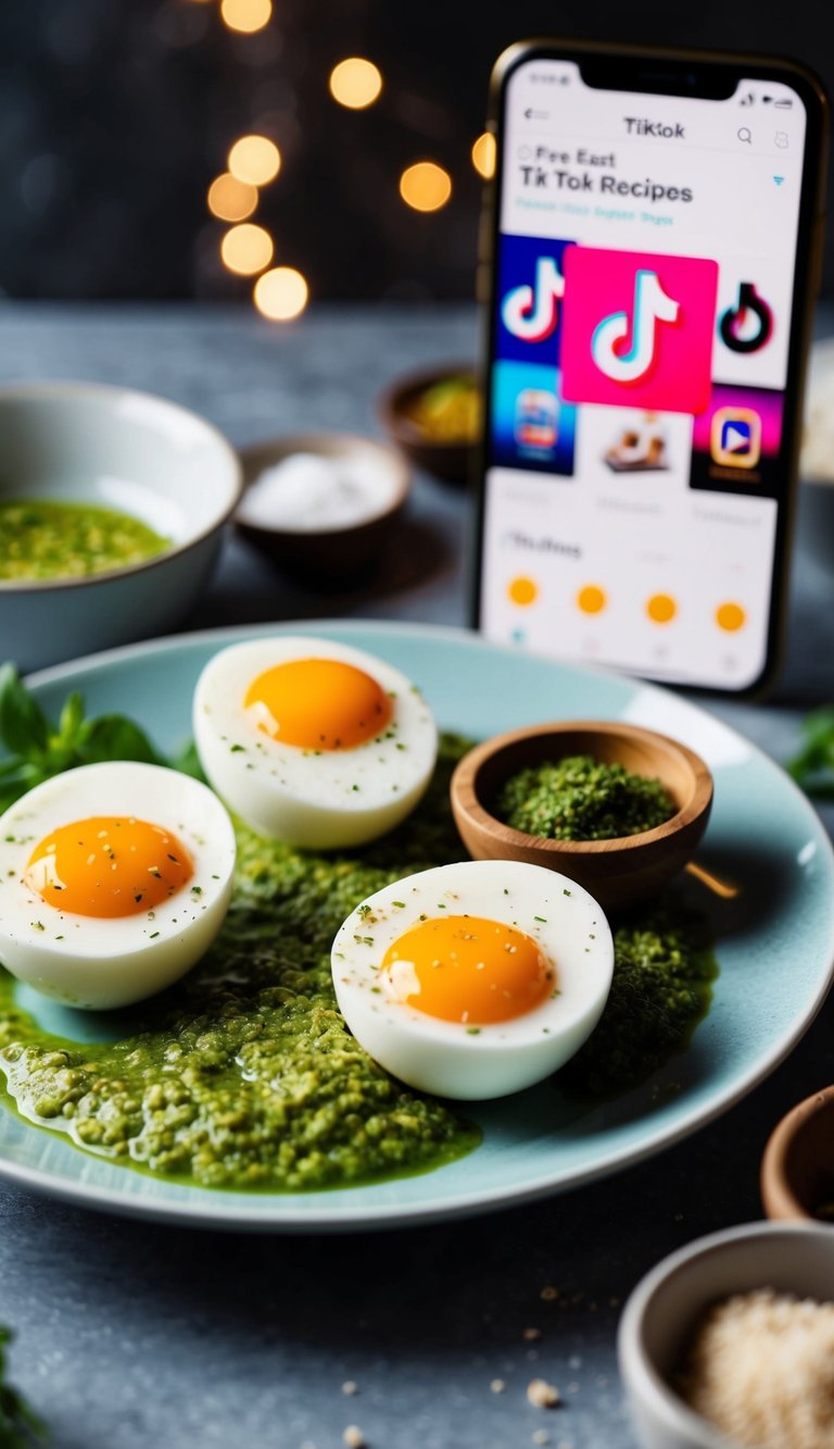 A plate of pesto eggs surrounded by ingredients, with a smartphone showing the viral TikTok recipes in the background