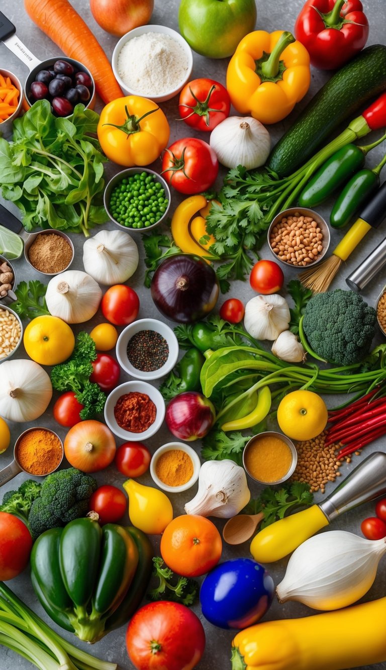 A colorful array of ingredients and kitchen utensils arranged in a playful and inviting manner, with a sense of movement and excitement