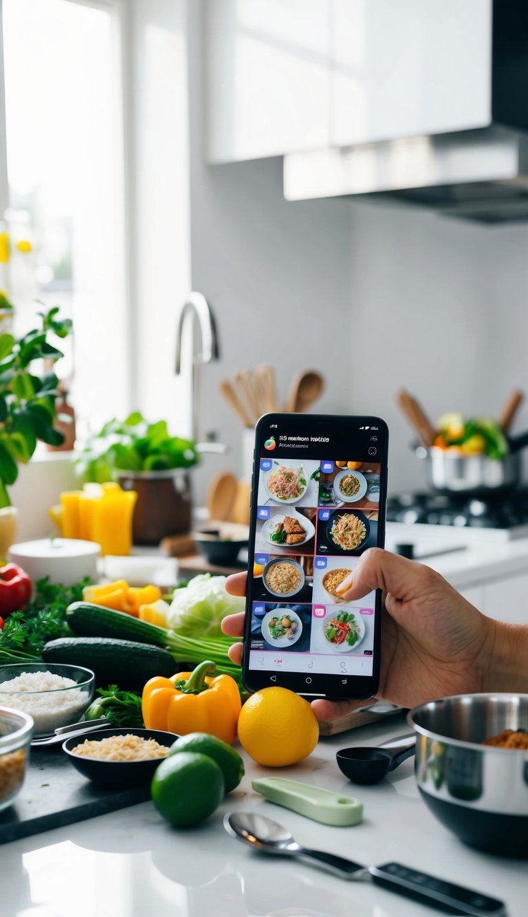 A kitchen counter with various ingredients and cooking utensils laid out, with a smartphone playing TikTok videos showing different viral recipes