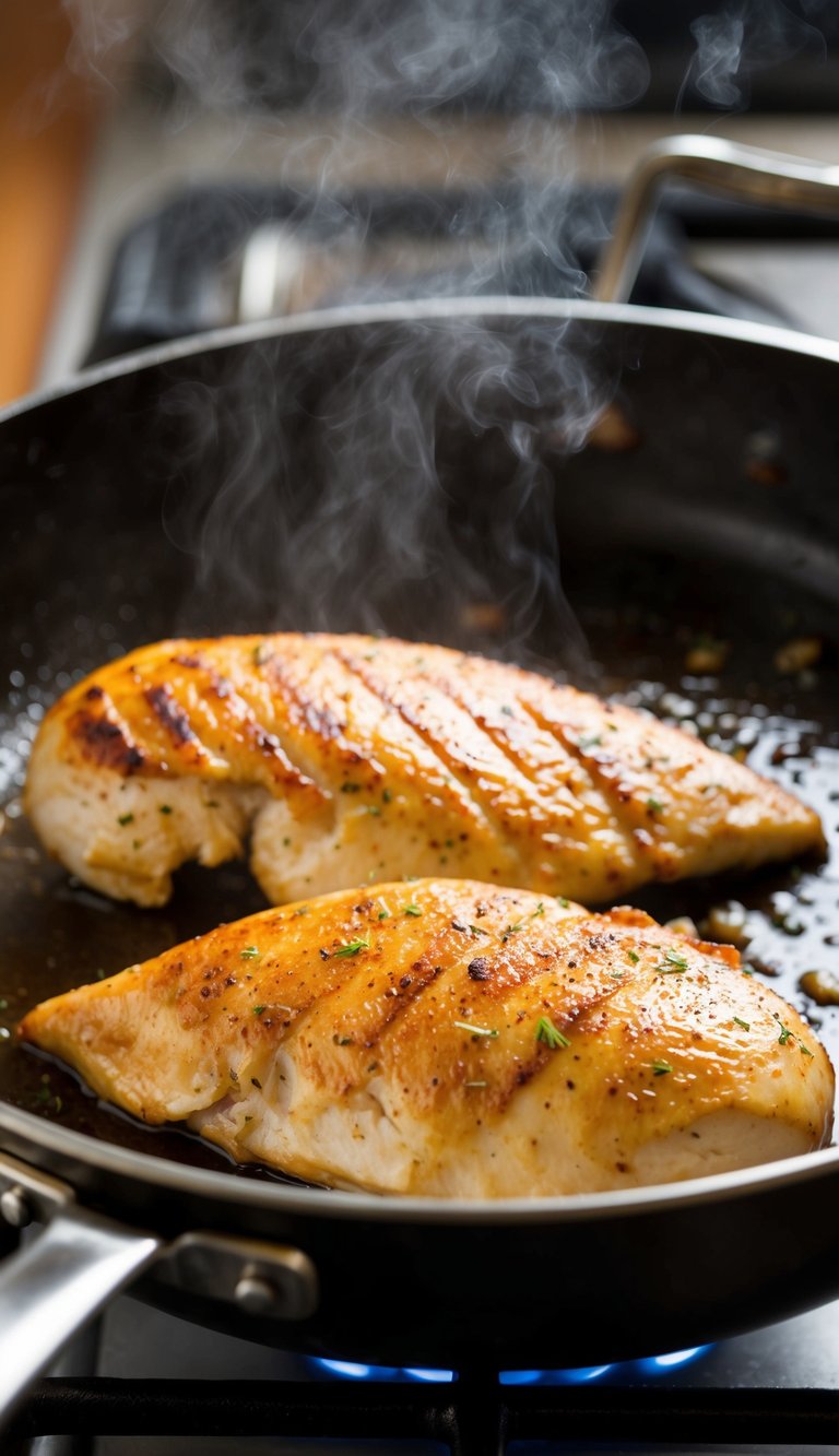 A sizzling chicken breast cooks in a hot skillet, releasing savory aromas as it turns golden brown. Juices glisten on the surface, promising a tender, flavorful result