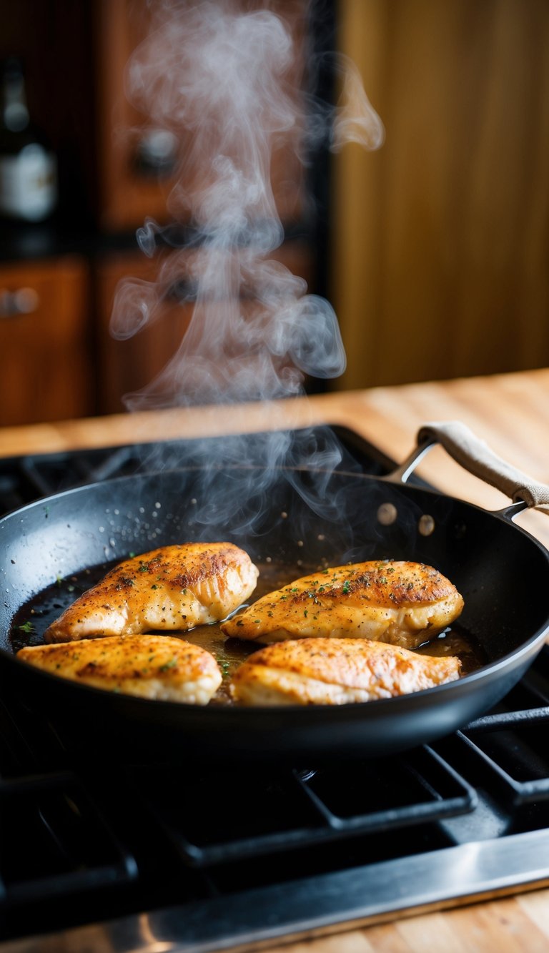 A skillet sizzling with seasoned chicken breasts, steam rising as they cook to juicy perfection