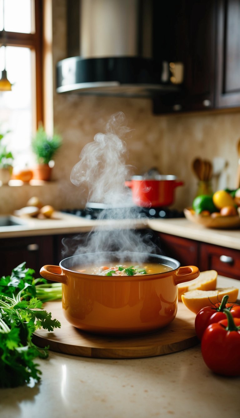 A steaming pot of soup surrounded by fresh ingredients and a warm, inviting kitchen