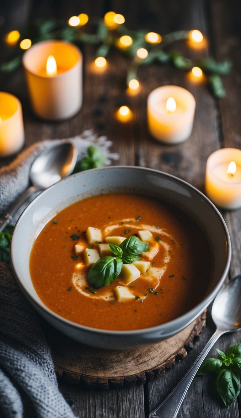 A steaming bowl of creamy tomato basil soup sits on a rustic wooden table, surrounded by a cozy blanket and flickering candlelight