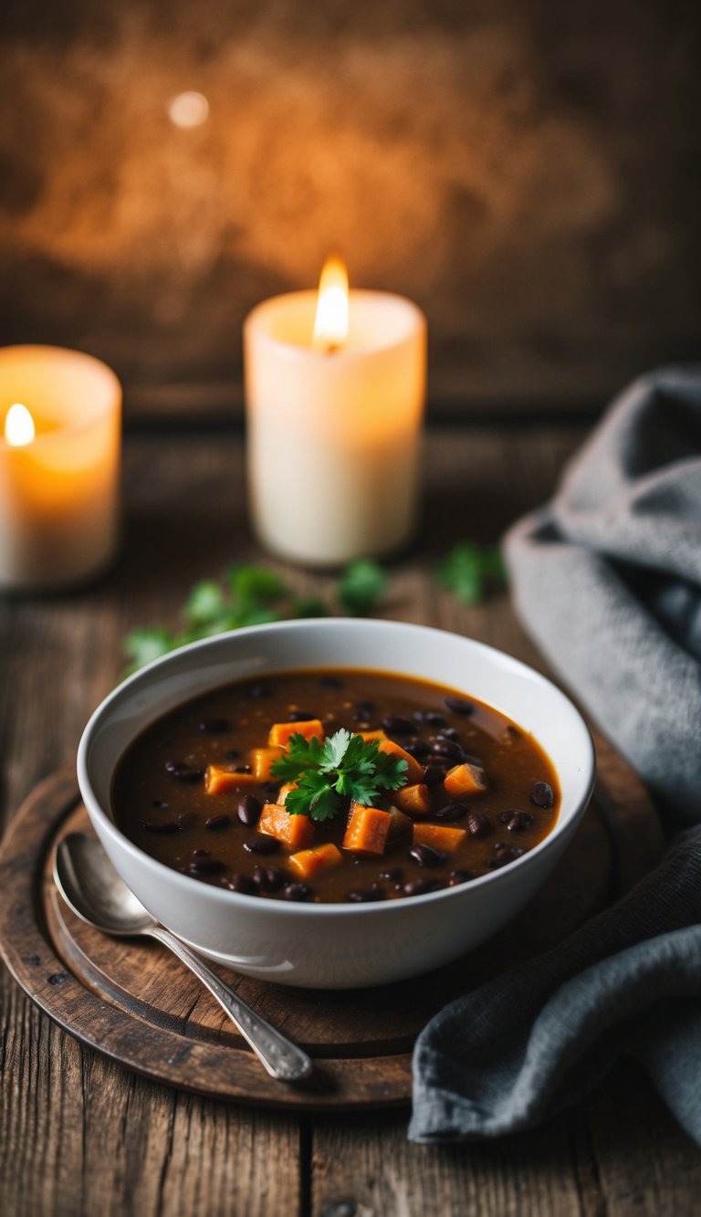 A steaming bowl of spicy black bean soup sits on a rustic wooden table, surrounded by a warm, cozy atmosphere with a flickering candle and a soft blanket
