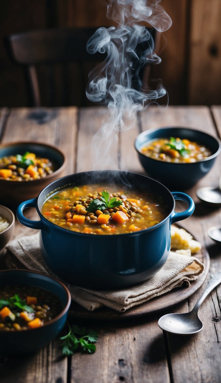 A steaming pot of vegetarian lentil soup sits on a rustic wooden table, surrounded by bowls, spoons, and a warm, inviting atmosphere