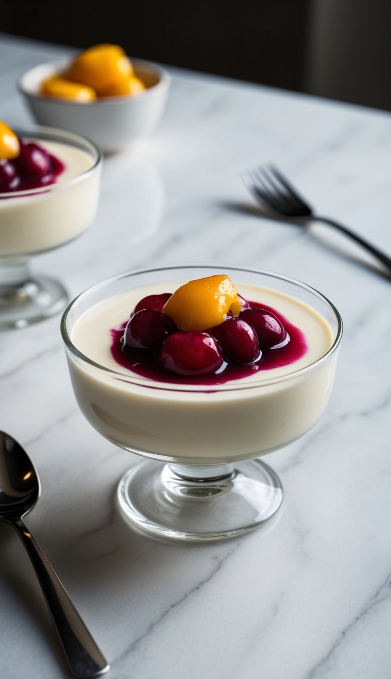 A delicate vanilla panna cotta topped with a glossy fruit compote, served in a clear glass dish on a white marble table