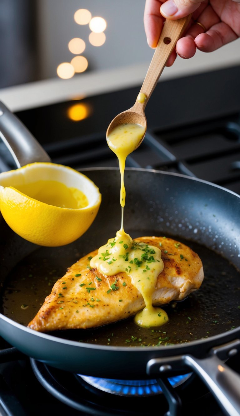 A sizzling chicken breast being drizzled with a zesty garlic lemon sauce in a sizzling pan on a stovetop