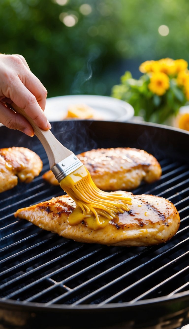 A juicy chicken breast being brushed with honey mustard glaze on a sizzling grill