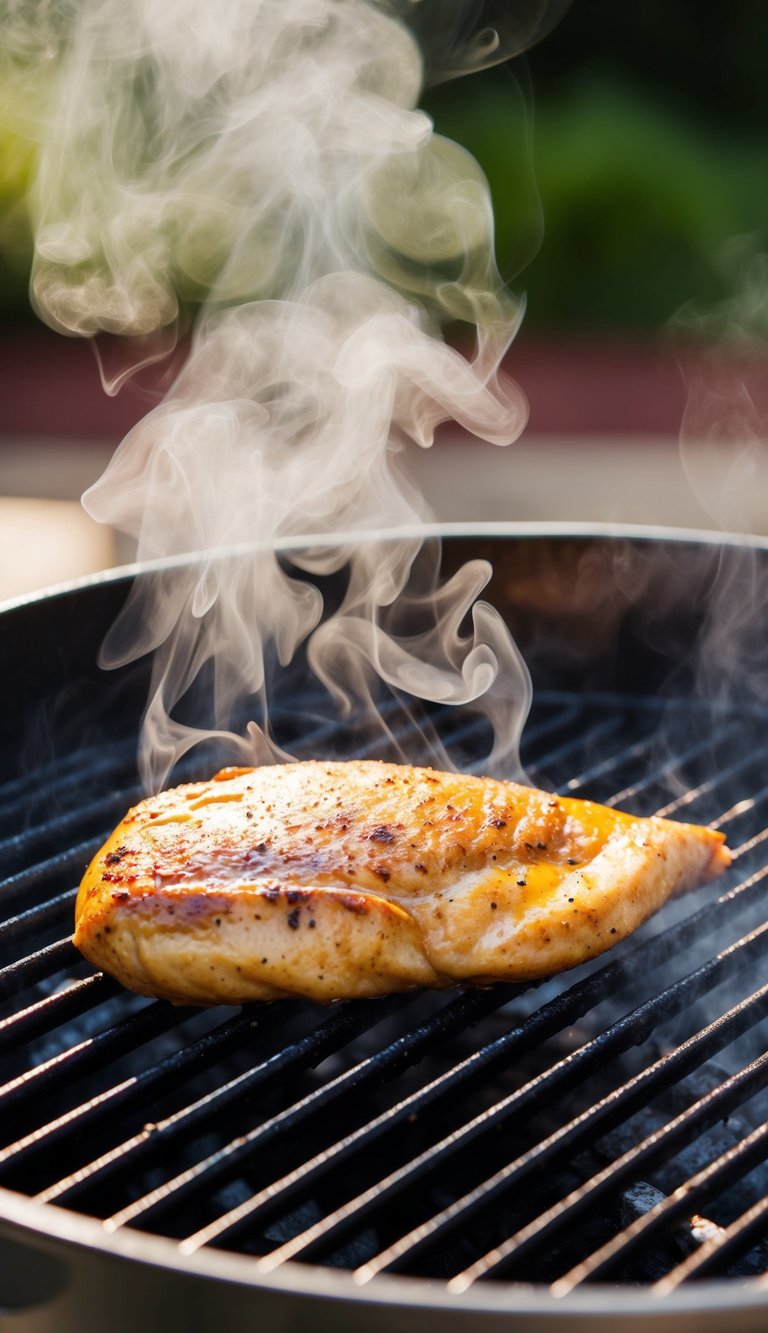 A sizzling chicken breast cooks on a hot grill, releasing steam as it turns golden brown. Juices glisten on the surface, indicating its succulent tenderness