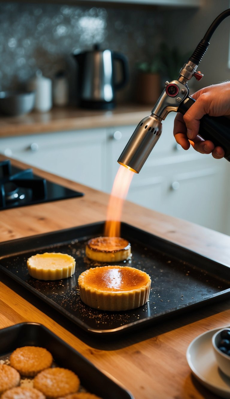 A kitchen counter with a torch caramelizing the sugar on a perfectly golden Crème Brûlée. A tray of dessert ingredients sits nearby