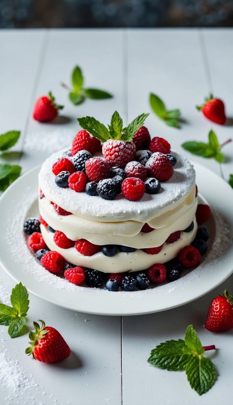 A white dessert plate with a colorful, layered Eton Mess topped with fresh berries and a dusting of powdered sugar, surrounded by scattered mint leaves