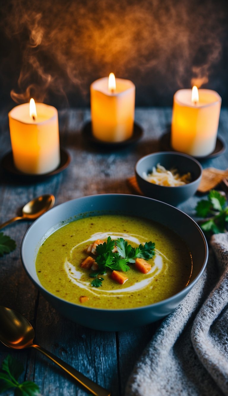 A steaming bowl of Thai coconut curry soup sits on a rustic table, surrounded by warm candlelight and a cozy blanket, creating a comforting atmosphere for a chilly night