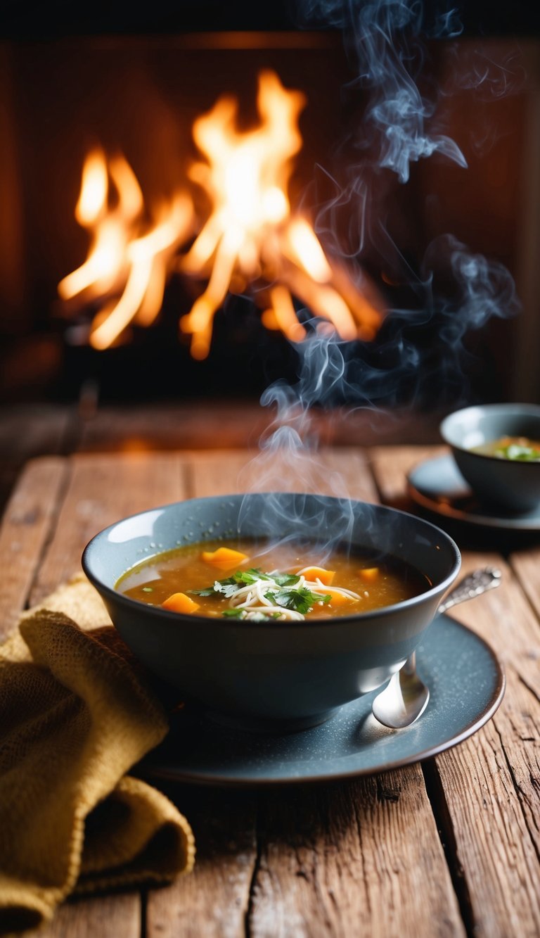A steaming bowl of soup sits on a rustic table, surrounded by a warm, cozy setting. A crackling fire and soft lighting create a comforting atmosphere
