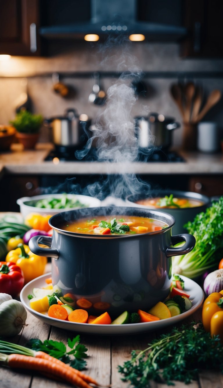 A steaming pot of soup surrounded by colorful vegetables and aromatic herbs, with a cozy kitchen backdrop for a chilly night