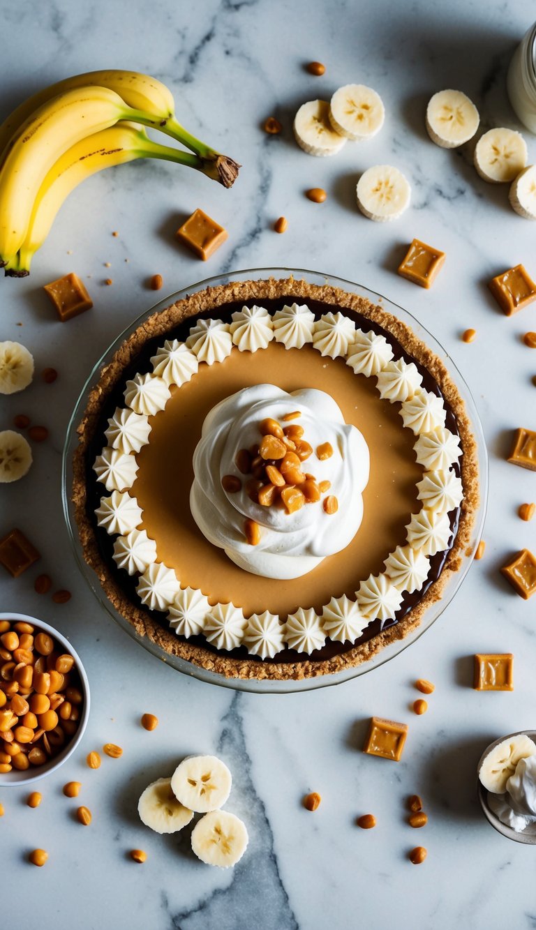 A Banoffee pie sits on a marble countertop surrounded by scattered ingredients like bananas, toffee, and whipped cream. A graham cracker crust completes the dessert
