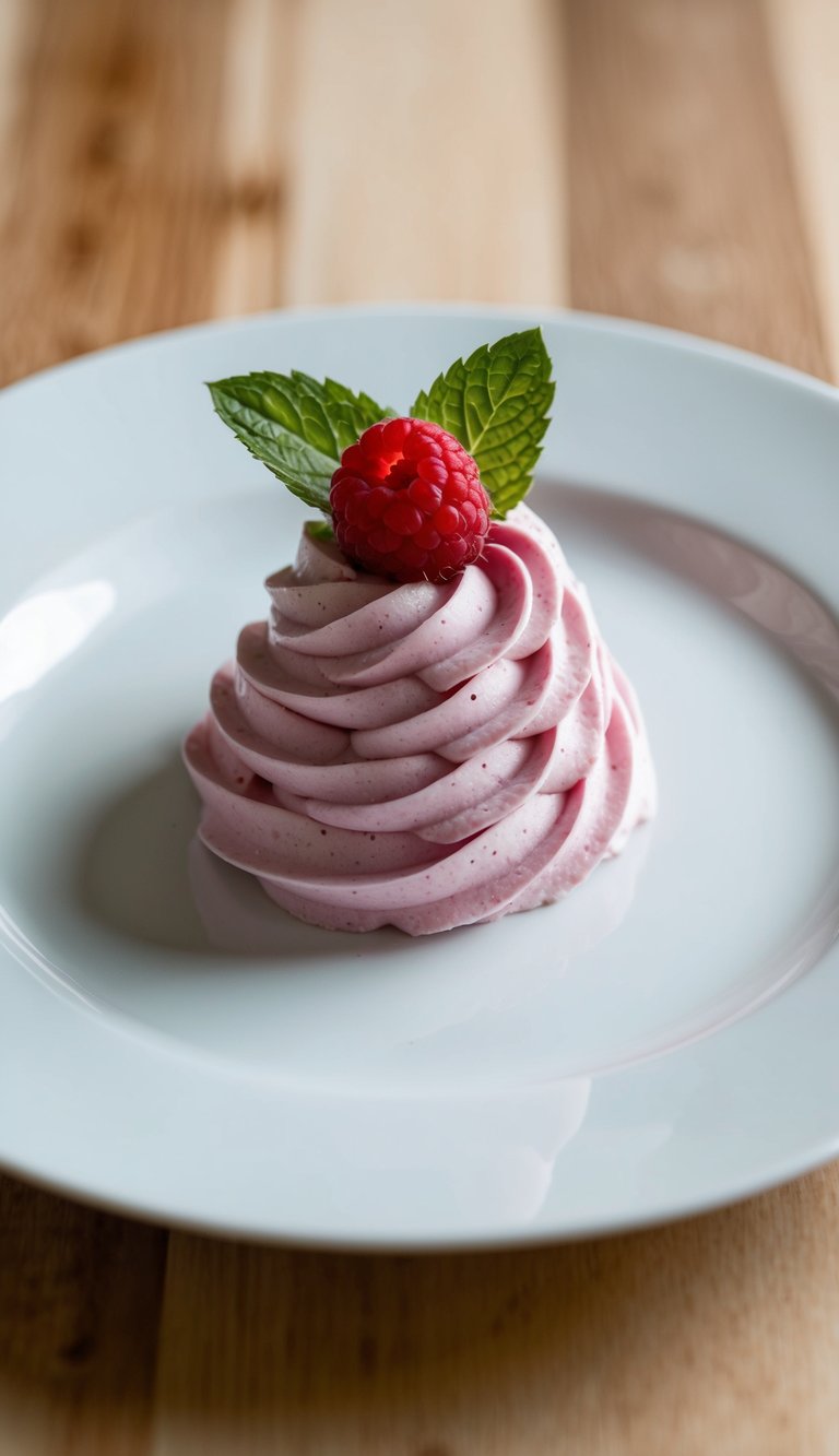 A pristine white dessert plate adorned with a delicate swirl of raspberry mousse, topped with a fresh raspberry and a sprig of mint