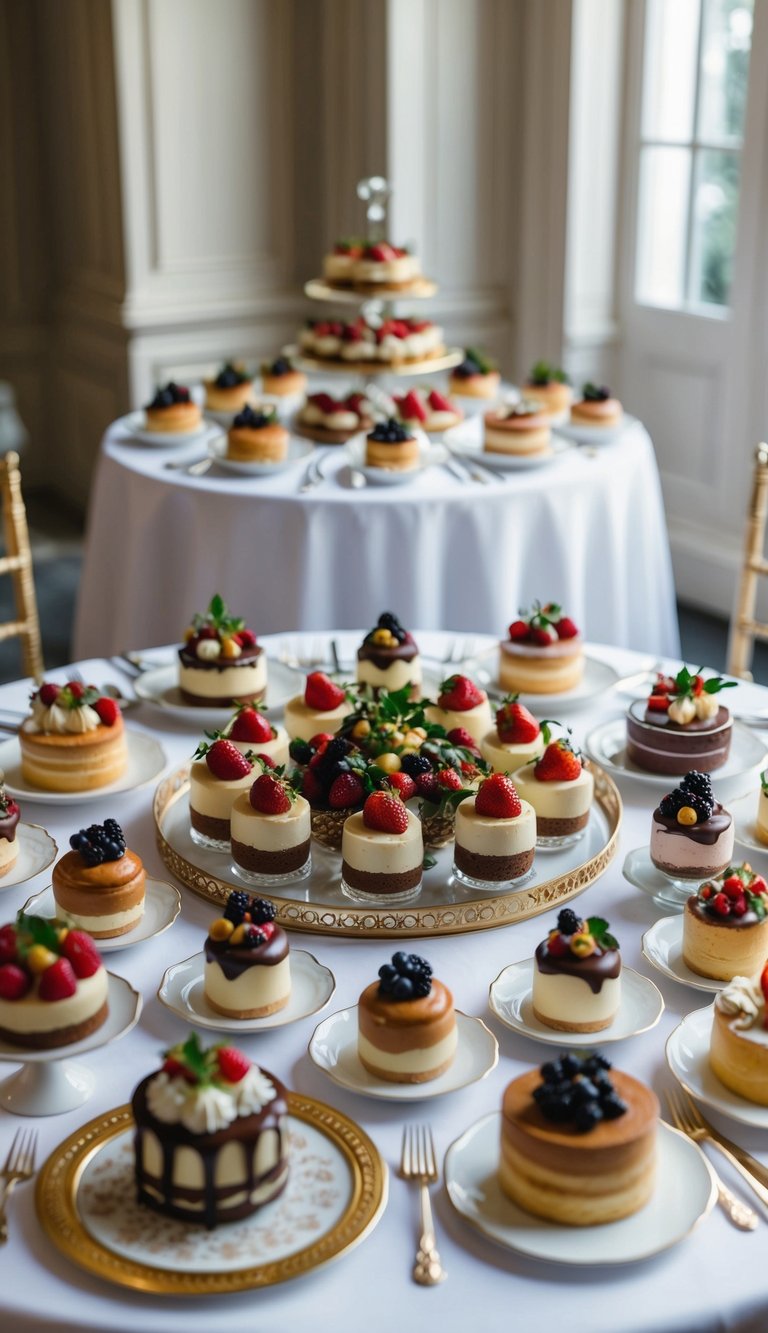 A beautifully arranged table with an assortment of elegant desserts, each meticulously garnished and presented with exquisite detail