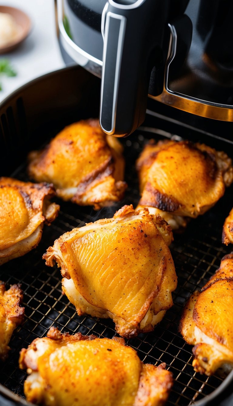 Golden, crispy chicken thighs sizzling in the air fryer, emitting a savory aroma