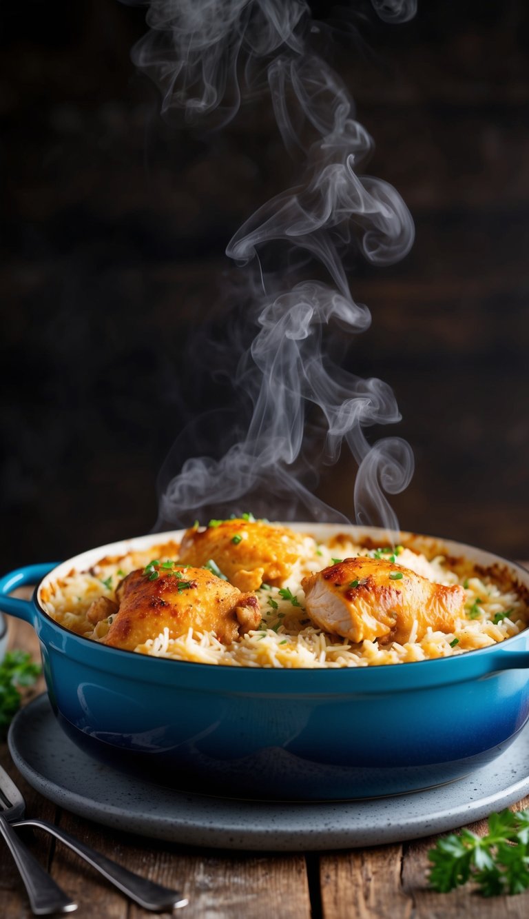 A bubbling casserole dish with golden-brown chicken and fluffy rice, steam rising
