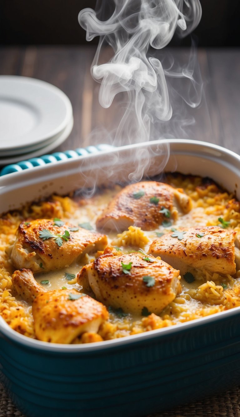 A golden-brown chicken and rice casserole sits in a bubbling dish, steam rising from the creamy, savory filling