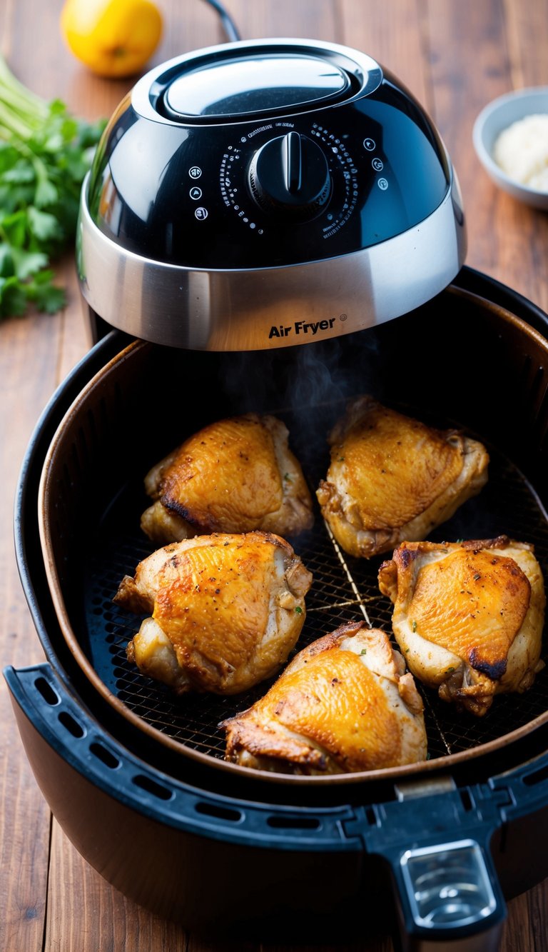 Golden chicken thighs sizzling in an air fryer, emitting a mouth-watering aroma