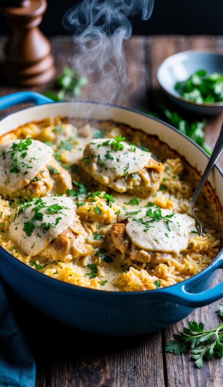 A steaming casserole dish filled with creamy chicken and rice, garnished with fresh herbs and served on a rustic wooden table