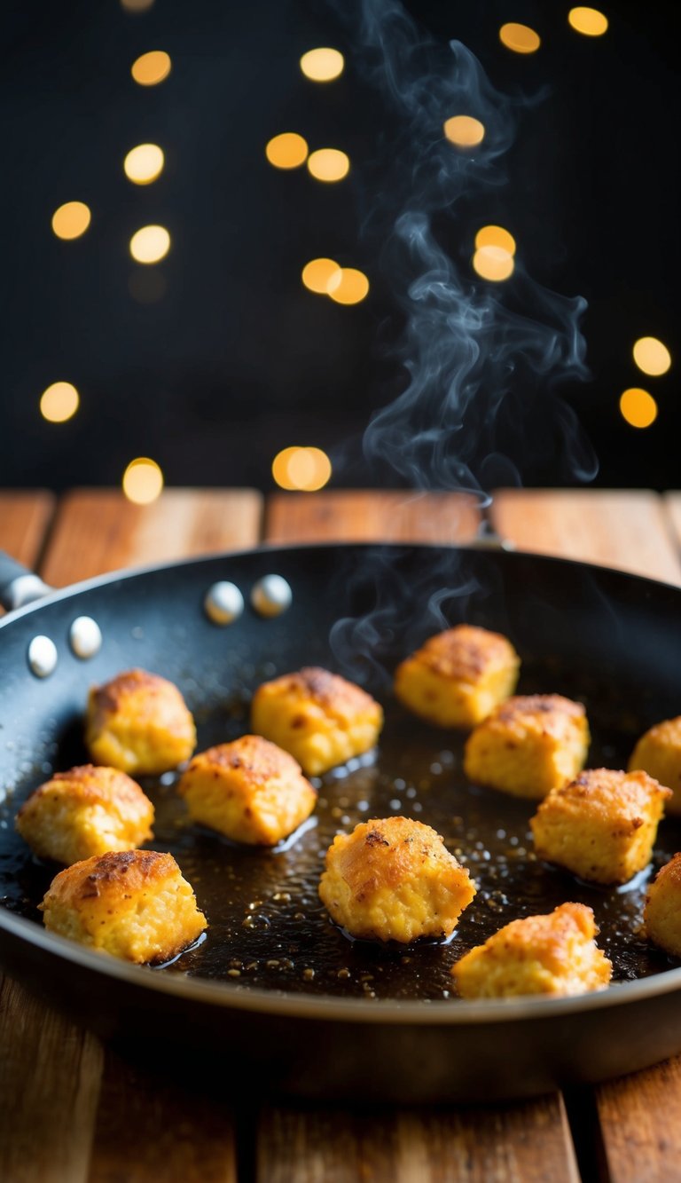 Golden chicken bites sizzling in a hot pan, emitting savory aroma