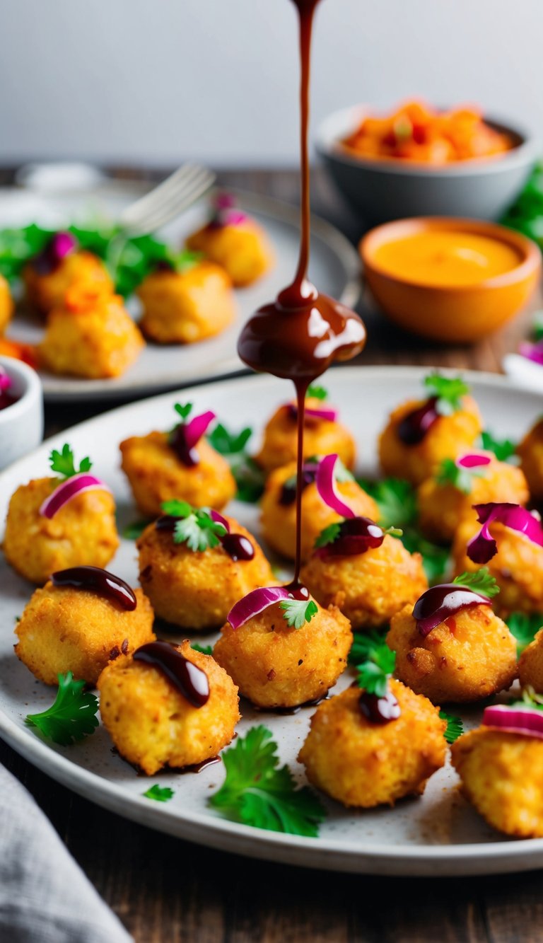 Golden brown chicken bites arranged on a platter with vibrant garnishes and a drizzle of sauce