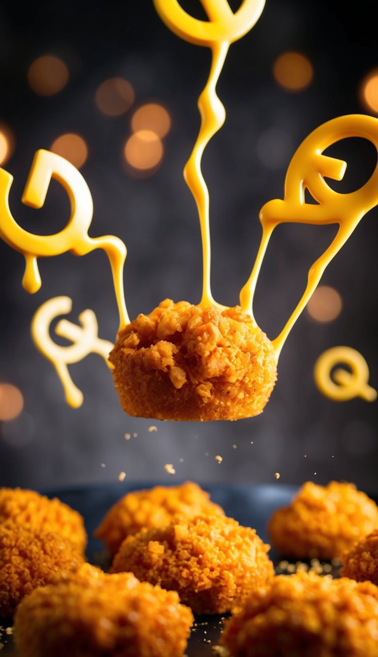 Golden chicken bites surrounded by melting FAQ symbols