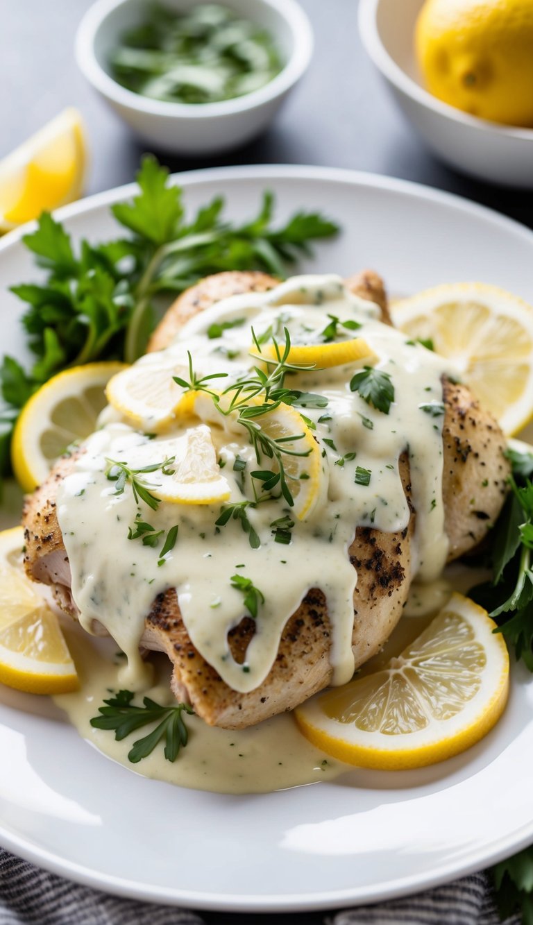 Tender chicken covered in creamy Caesar sauce, surrounded by fresh herbs and lemon slices on a white plate