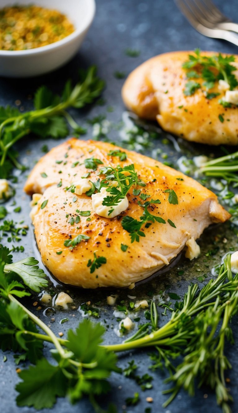 Juicy, tender chicken breast with no mayo, surrounded by fresh herbs and seasonings, ready to be savored