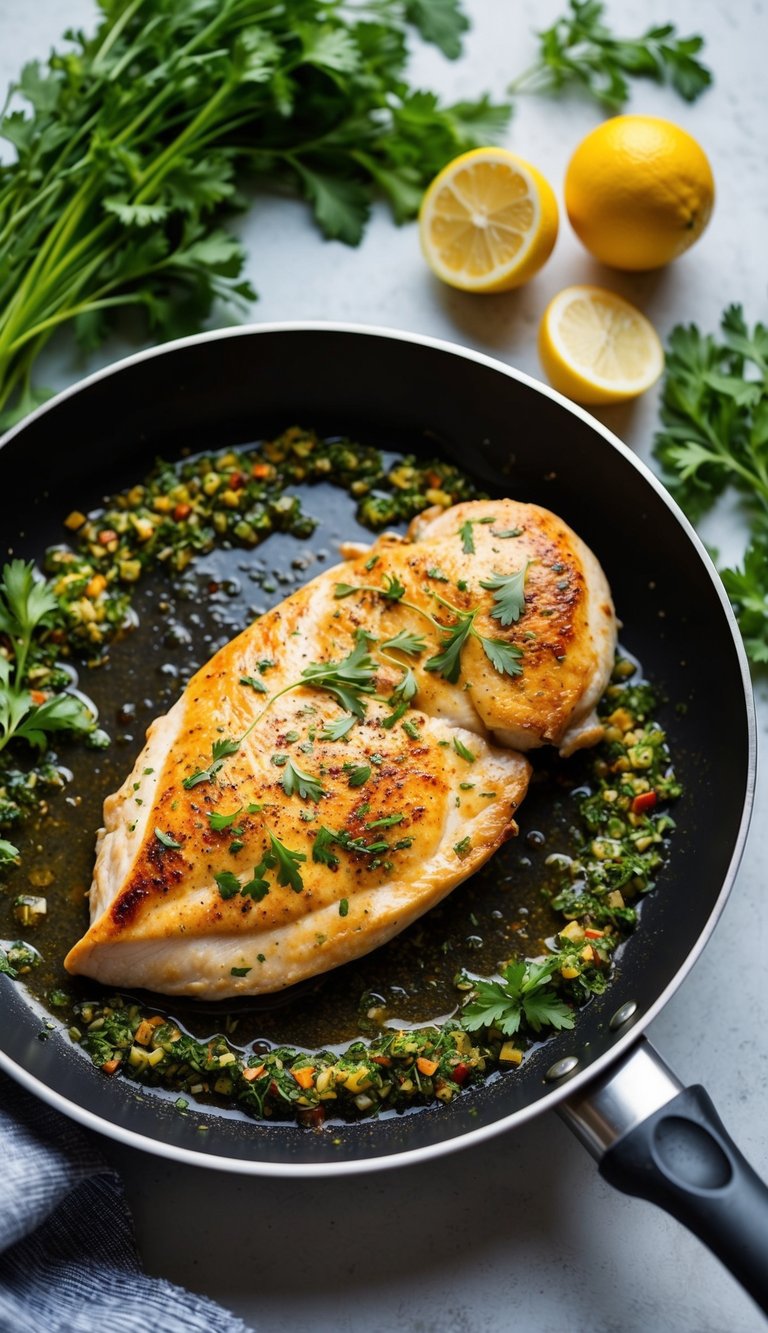Juicy chicken breast sizzling in a pan, surrounded by vibrant herbs and spices, with no trace of mayonnaise in sight