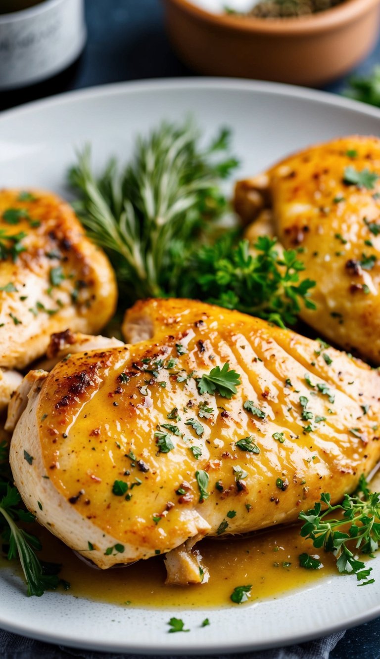 A succulent chicken breast, glistening with savory juices, sits on a plate, surrounded by fresh herbs and spices