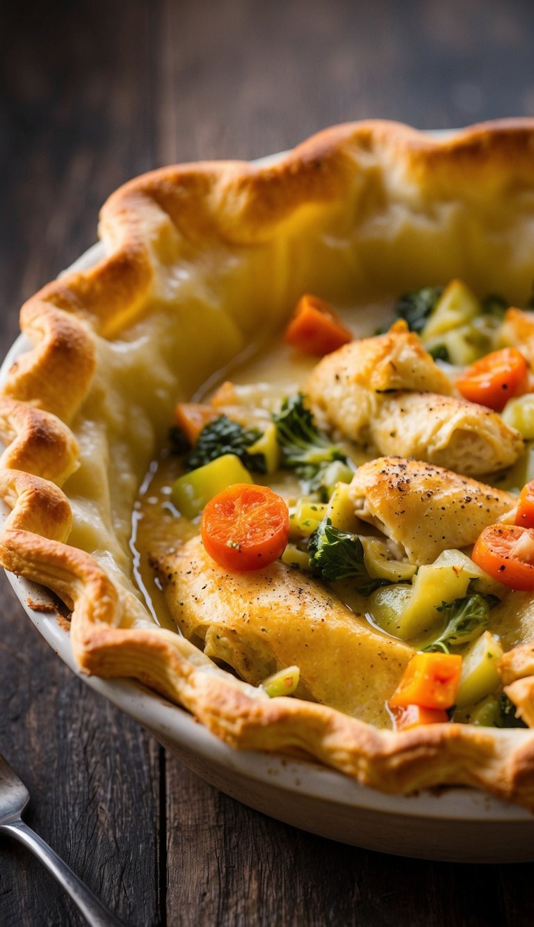 A golden-brown, flaky pastry crust encases a bubbling, creamy chicken and vegetable filling in a rustic ceramic pie dish