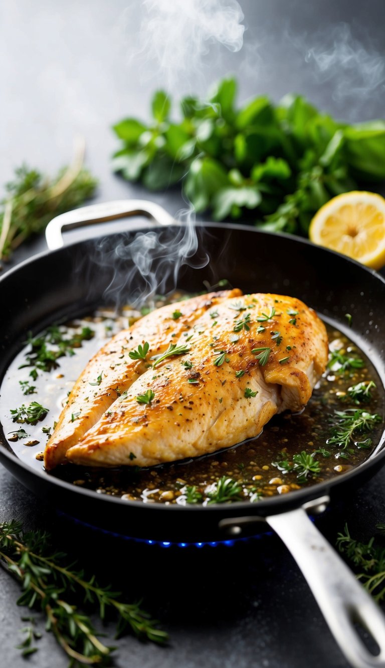 A succulent chicken breast sizzling in a hot skillet, surrounded by fresh herbs and spices, emitting a mouthwatering aroma