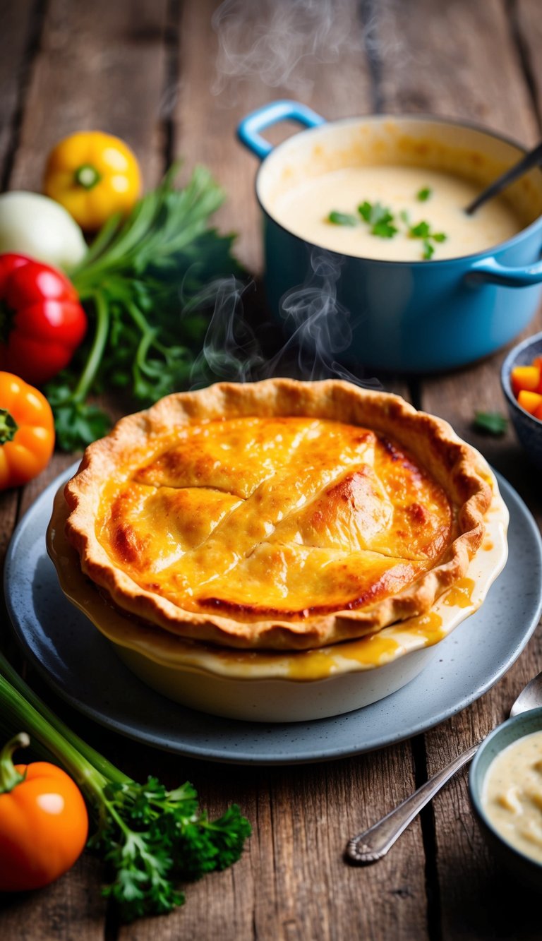 A golden-brown chicken pot pie sits steaming on a rustic wooden table, surrounded by colorful vegetables and a bubbling pot of creamy sauce