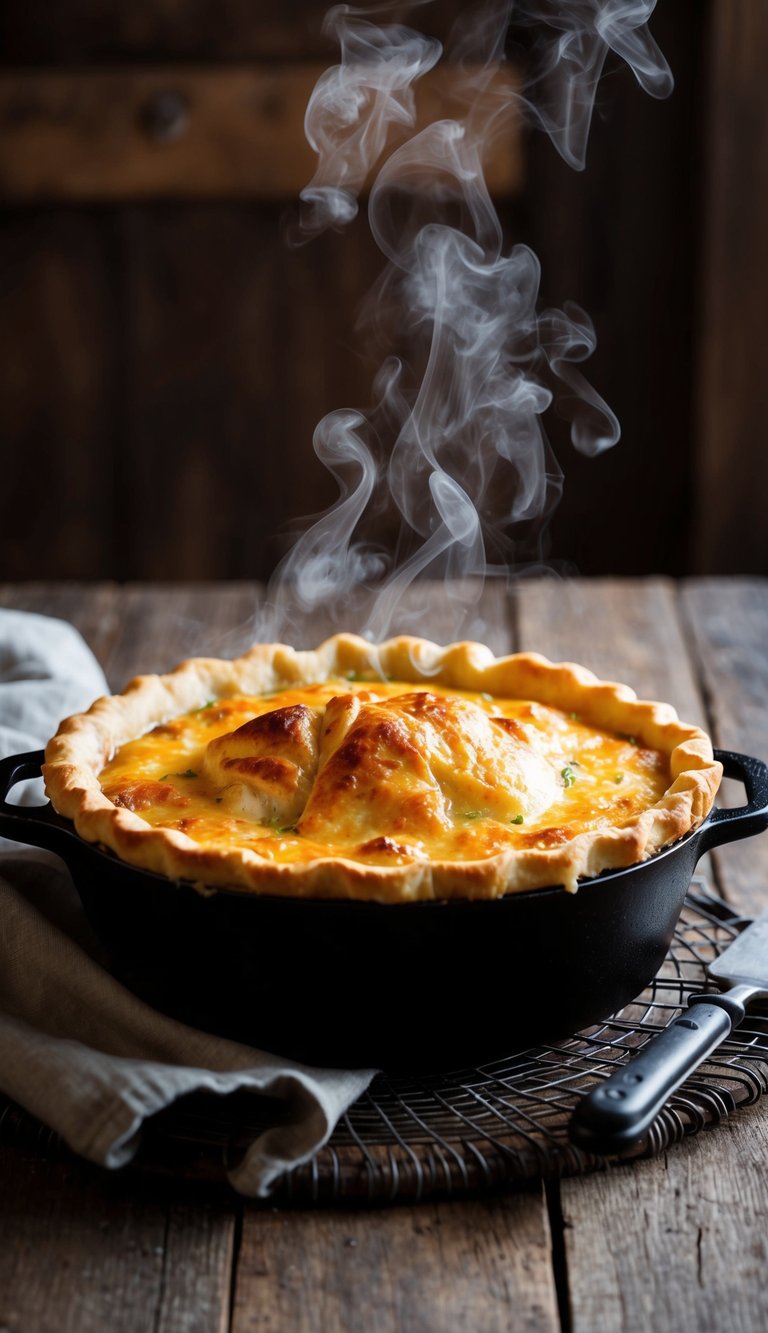 A golden-brown chicken pot pie bubbling in a cast iron skillet, steam rising from the flaky crust as it sits on a rustic wooden table