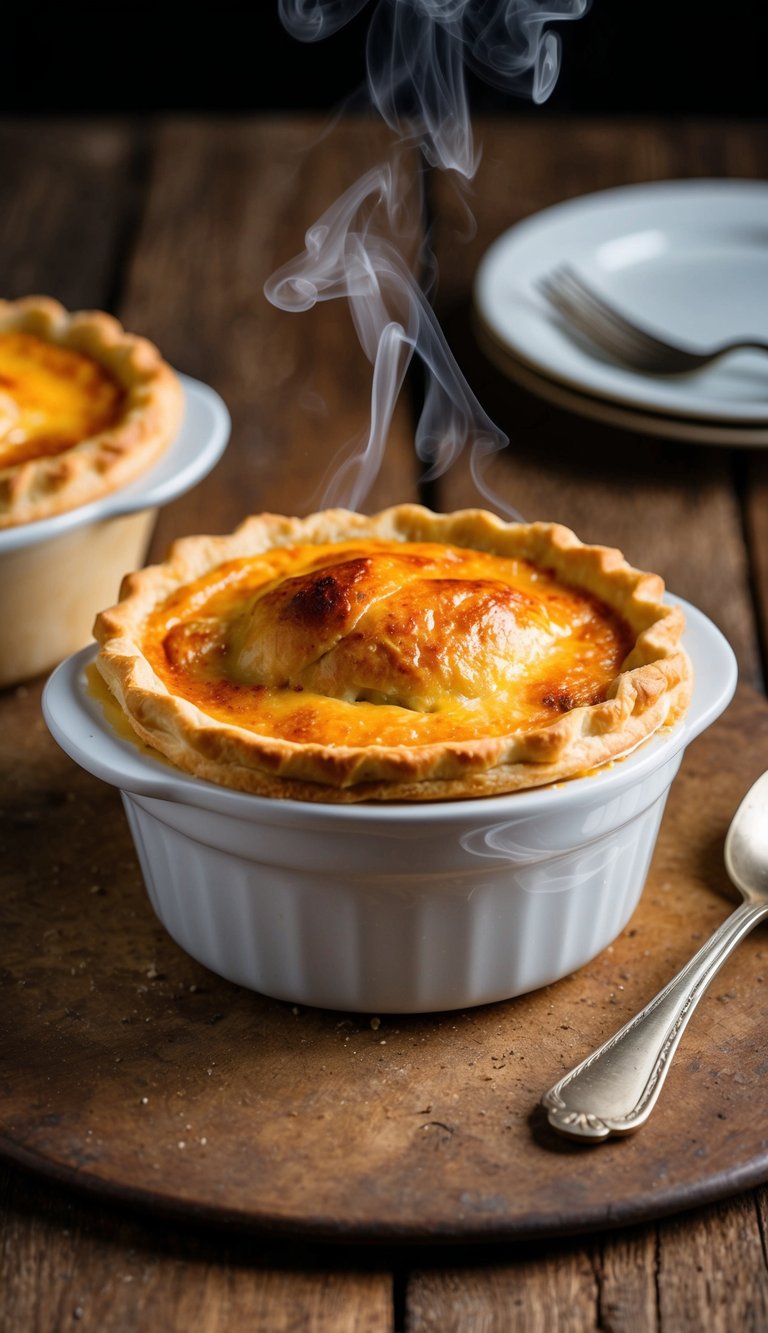 A golden-brown chicken pot pie sitting on a rustic wooden table, steam rising from the flaky crust as it melts in the mouth