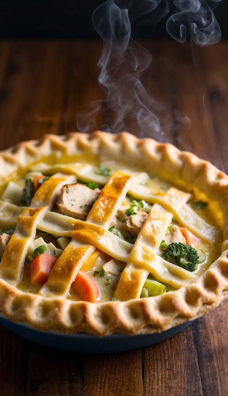 A golden, flaky pie crust encases a steaming, creamy chicken and vegetable filling, topped with a lattice of pastry