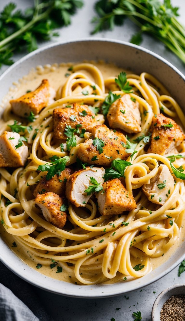 Juicy chicken pieces and twirled pasta in a creamy sauce, surrounded by fresh herbs and spices