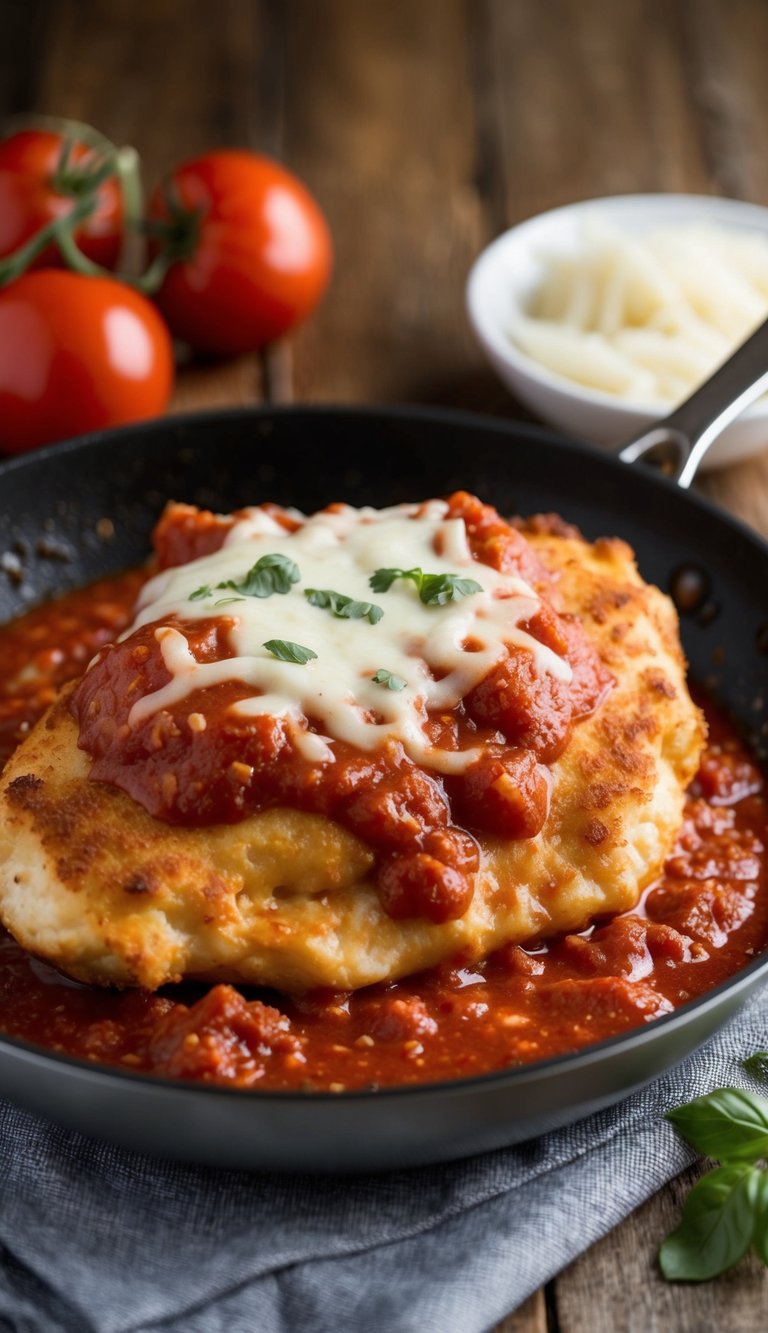 A sizzling hot, golden-brown chicken parmesan topped with rich marinara sauce and melted mozzarella cheese