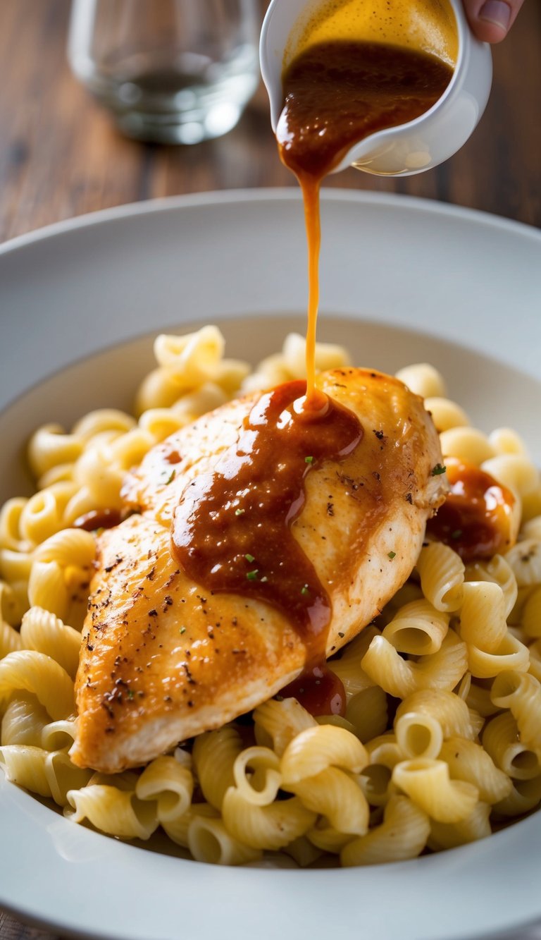 A golden-brown chicken breast resting on a bed of creamy pasta, with a rich, savory sauce drizzled over the top