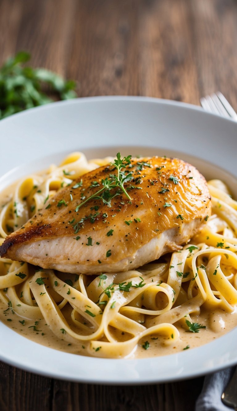A golden-brown chicken breast resting on a bed of al dente pasta, surrounded by a rich, creamy sauce and sprinkled with fresh herbs
