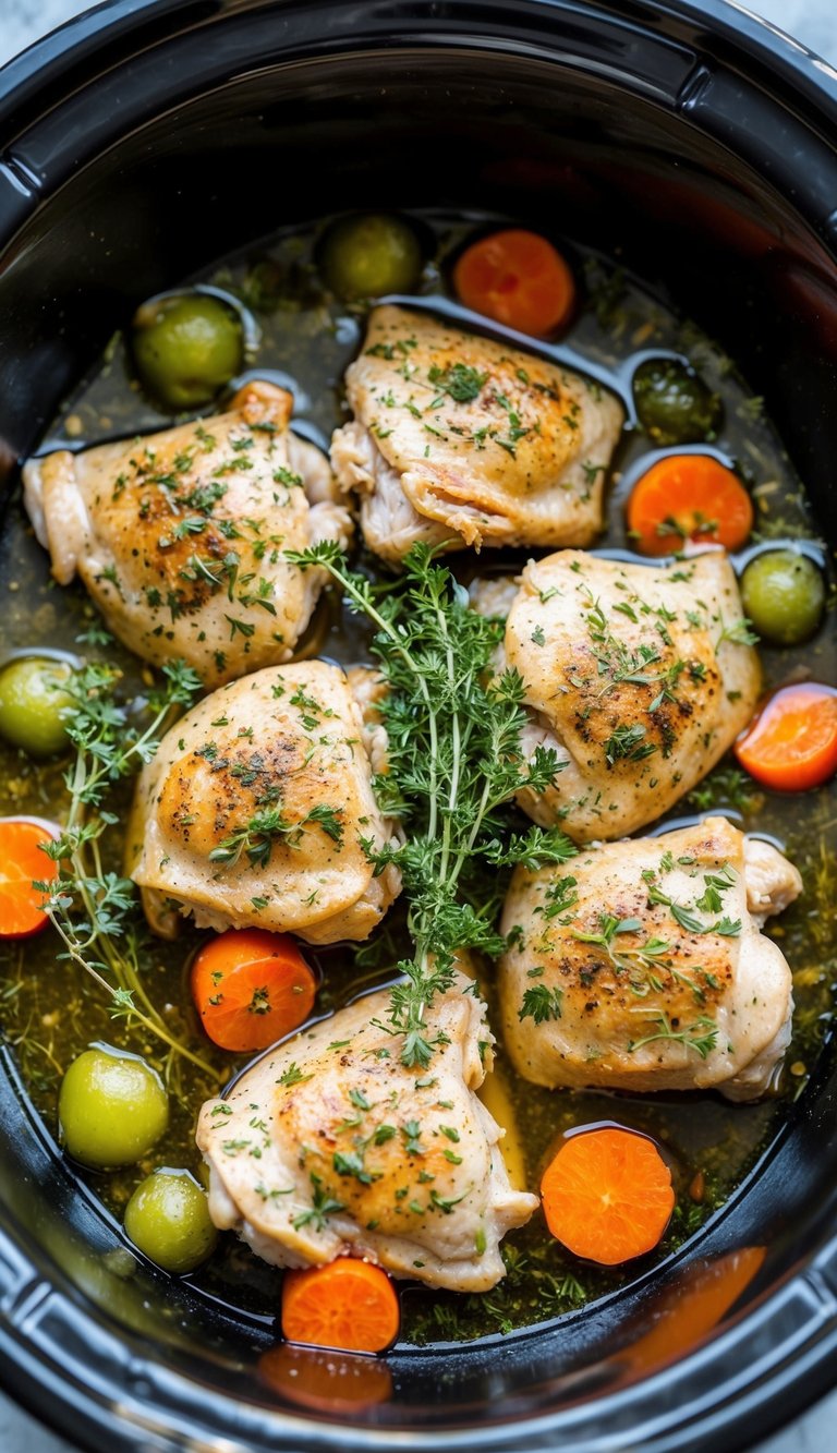 Tender chicken pieces surrounded by aromatic herbs and vegetables, simmering in a slow cooker until they are ready to melt in your mouth