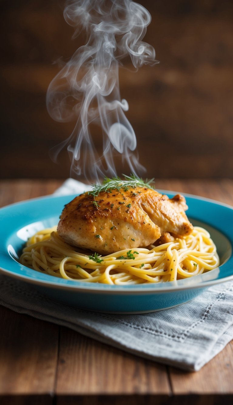 A succulent piece of chicken resting on a bed of creamy pasta, with steam rising from the dish