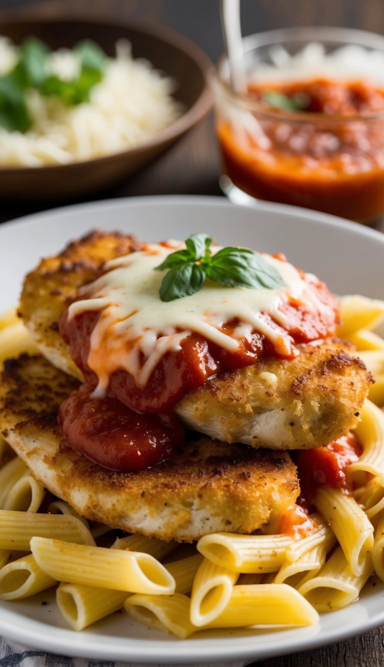 Golden-brown chicken cutlets topped with marinara sauce and melted cheese on a bed of pasta