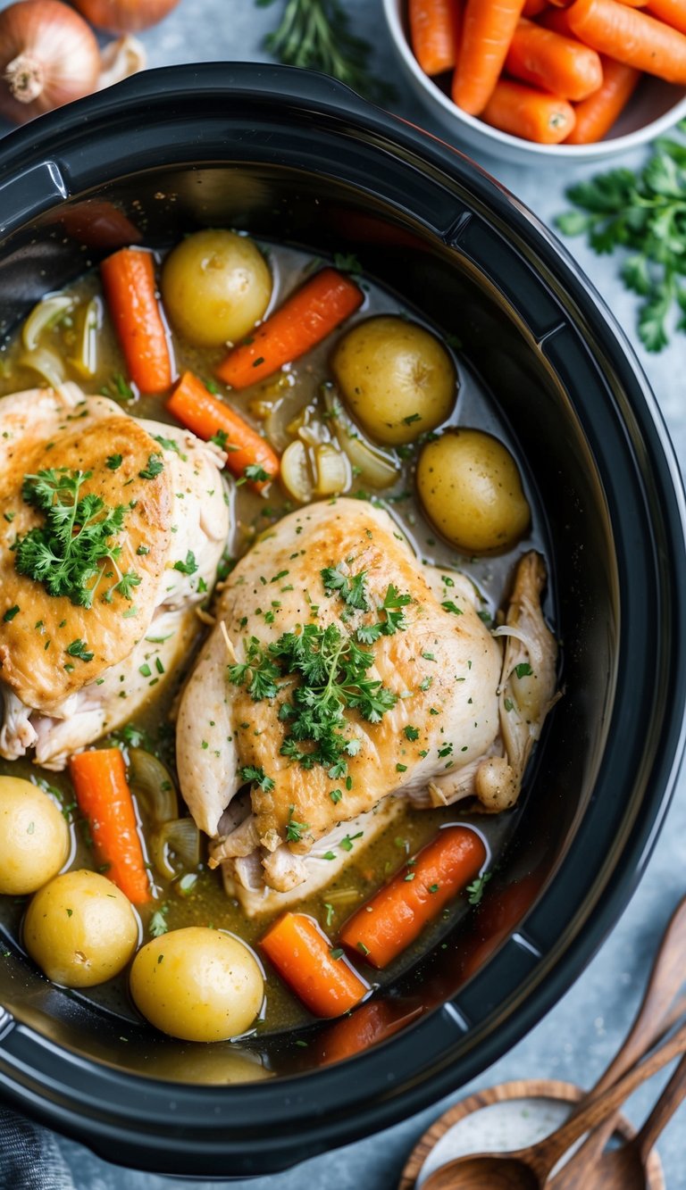 Tender chicken simmering in a savory sauce with onions, garlic, and herbs, surrounded by carrots and potatoes in a slow cooker