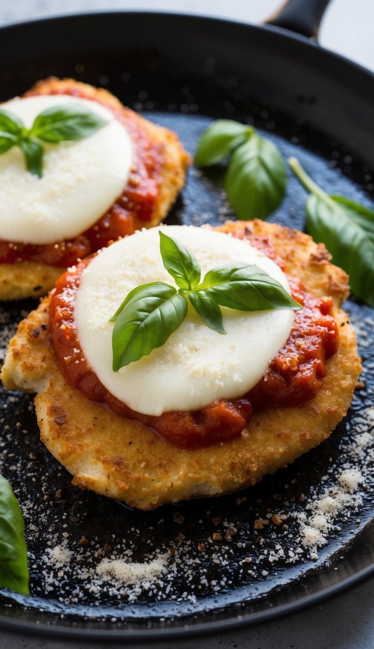 A sizzling chicken cutlet topped with marinara sauce and melted mozzarella cheese, surrounded by a sprinkle of grated parmesan and fresh basil leaves