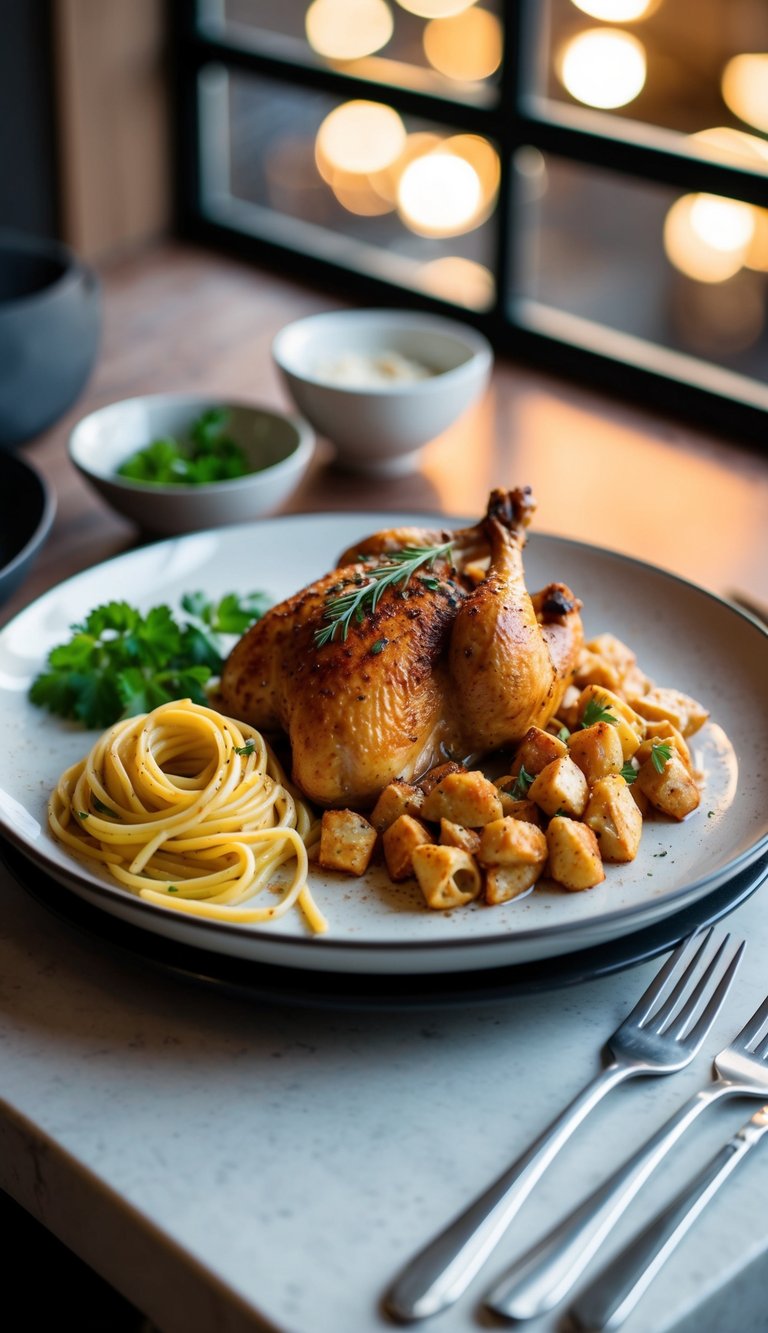 A succulent chicken dish being served with pasta on a plate