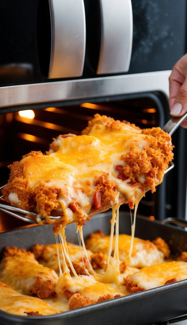A sizzling hot chicken parmesan dish being pulled out of the oven, with golden, bubbling cheese and a crispy, breaded exterior